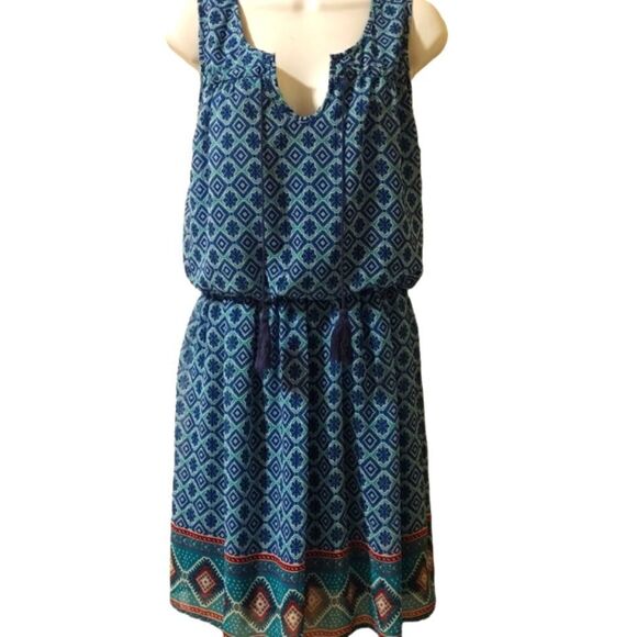 Love Reign Aztec geometric print blue sleeveless boho dress size M - Picture 1 of 7